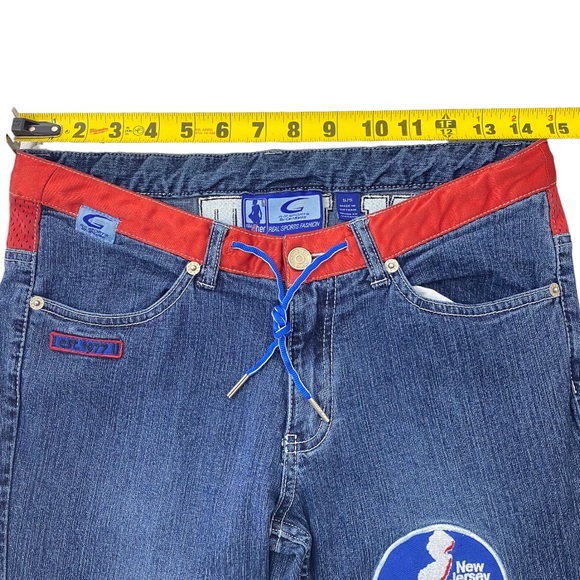 NBA NJ NETS Jeans Womens Size 5 Flare Retro W 28 L  31 Basketball Patches G III - Picture 8 of 14